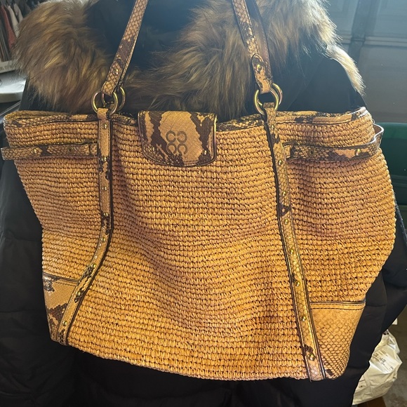 Coach Snakeskin Leather and Straw Tote Bag - Picture 3 of 5
